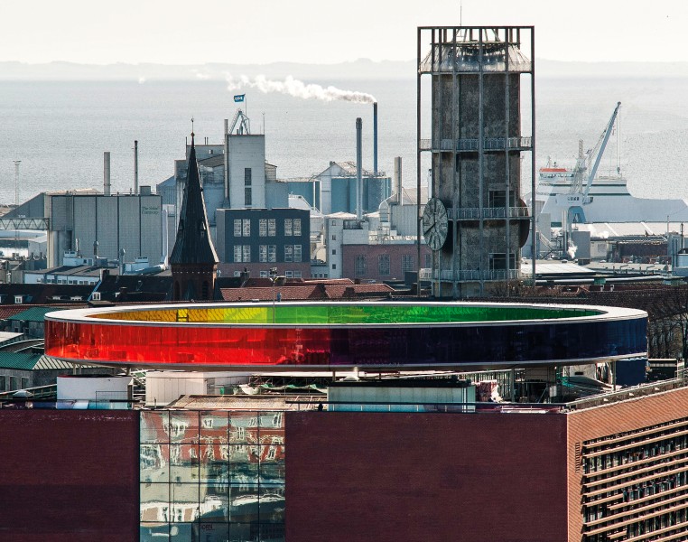 Aarhus skyline with ARoS Art Museum and the landmark clock tower of Aarhus City Hall.