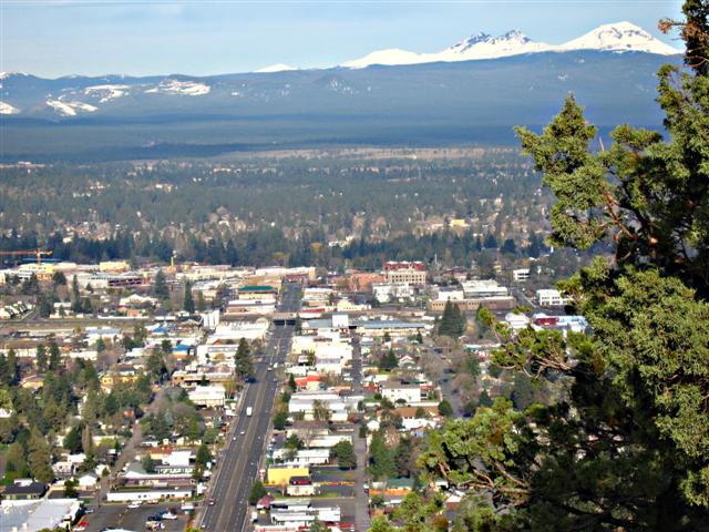 Bend, Oregon as seen from the top of Pilot Butte. Cascade Mountains in the background.