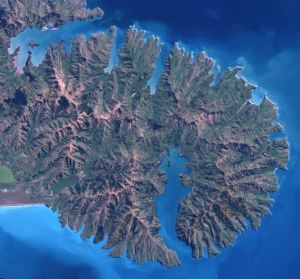 Banks Peninsula from space; Akaroa harbour is in lower centre